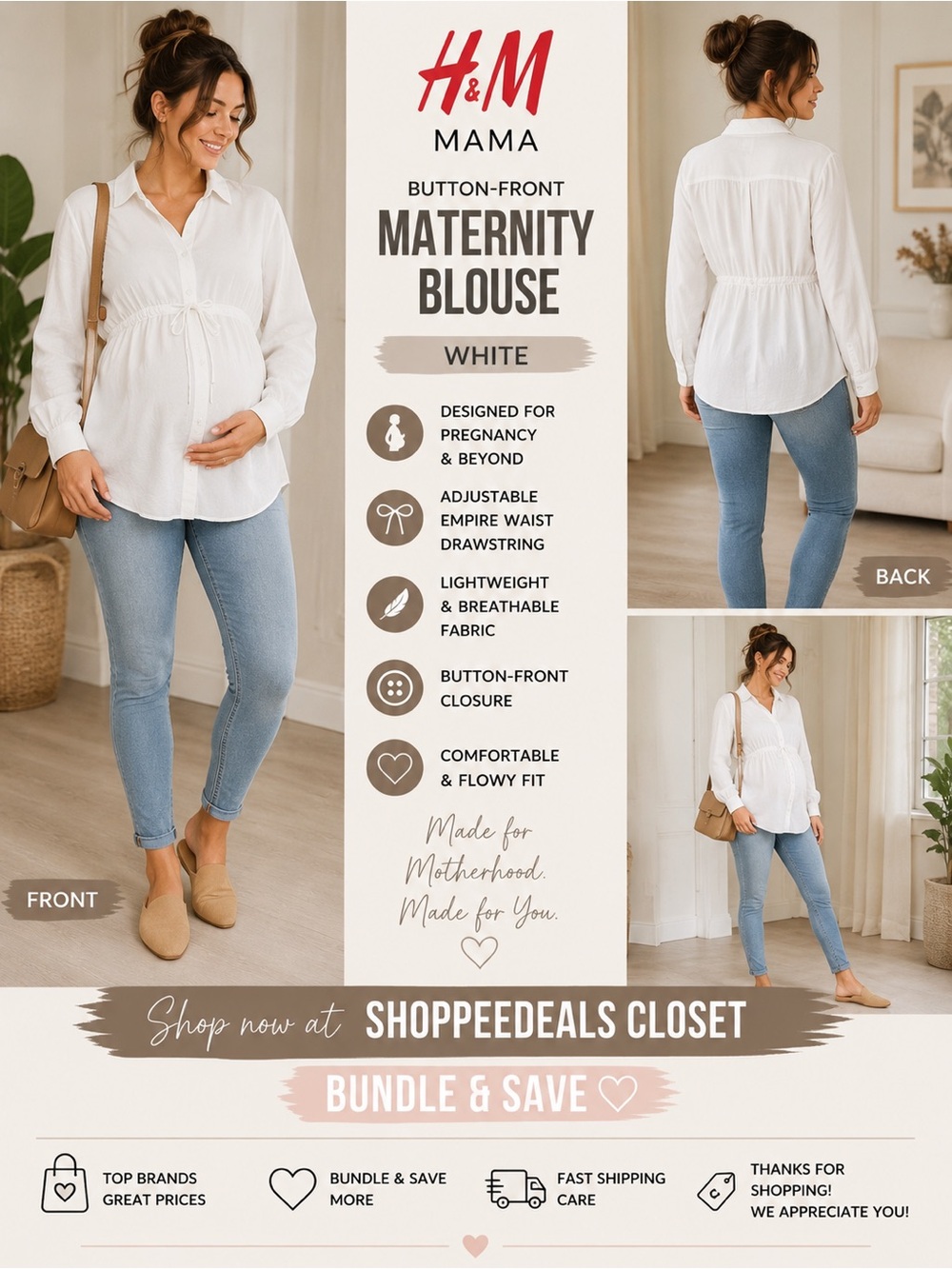 H&M MAMA White Button-Front Maternity Blouse – Women’s Size Small
